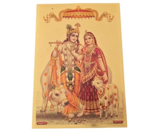Folha laminada dourada decorativa Radha e Krishna com animais sagrados
