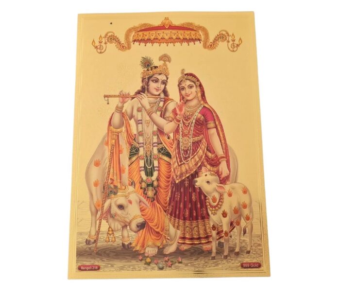 Folha laminada dourada decorativa Radha e Krishna com animais sagrados