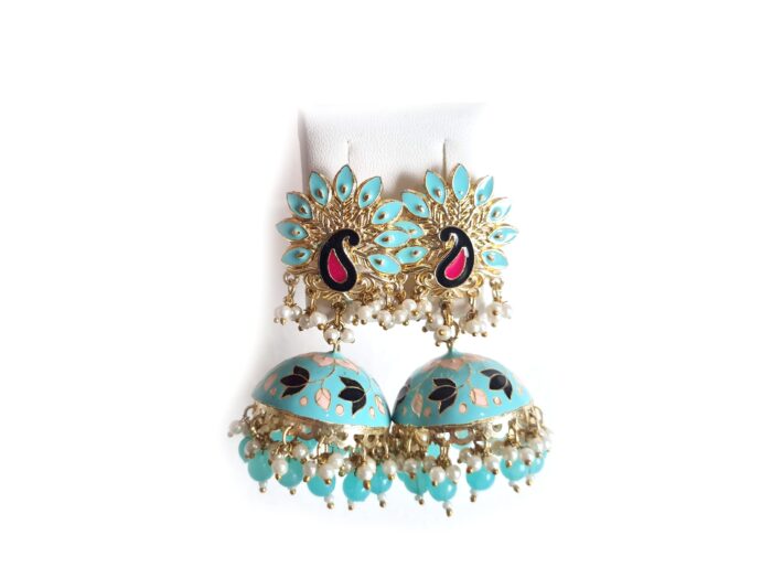 Brinco indiano Meenakari Jhumka azul e rosé design pavão