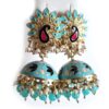Brinco indiano Meenakari Jhumka azul e rosé design pavão