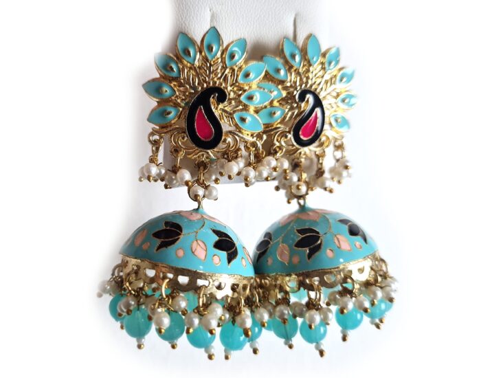 Brinco indiano Meenakari Jhumka azul e rosé design pavão