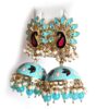 Brinco indiano Meenakari Jhumka azul e rosé design pavão