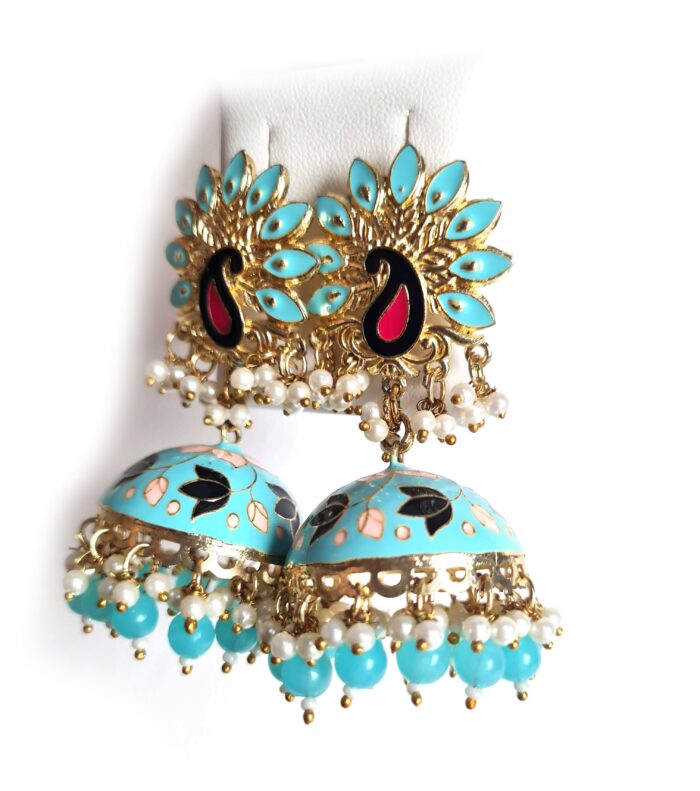 Brinco indiano Meenakari Jhumka azul e rosé design pavão