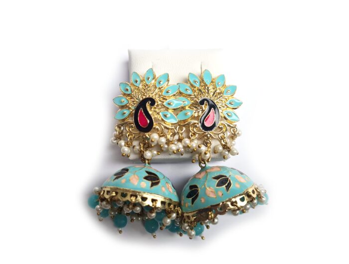 Brinco indiano Meenakari Jhumka azul e rosé design pavão