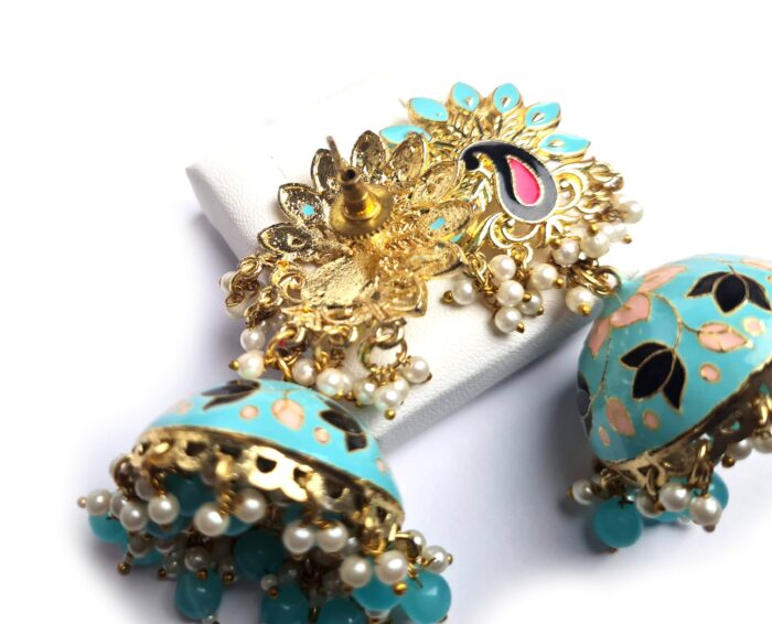 Brinco indiano Meenakari Jhumka azul e rosé design pavão