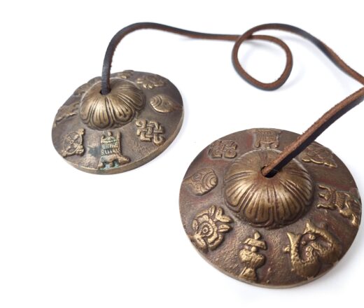 Manjira tibetana (tingsha) de bronze 7 ligas com 8 símbolos auspiciosos