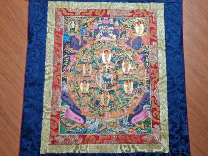 Thangka budista Bhavachakra Roda da Vida com Budas Iluminados