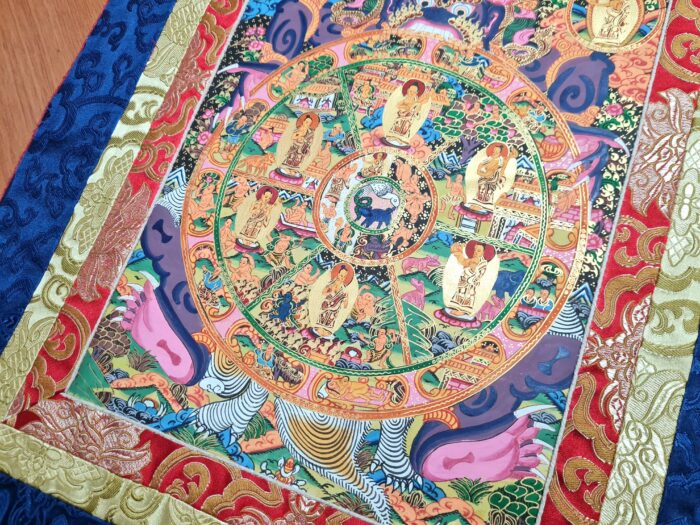Thangka budista Bhavachakra Roda da Vida com Budas Iluminados