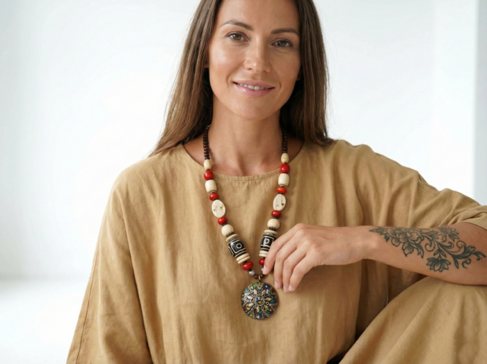 Gemini_Generated_Image_3woka23woka23wok Colar Tibetano artesanal com medalha redonda de mosaico de pedras coloridos