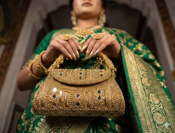 Bolsa Lakshmi Devi luxuosa e dourada toda bordada para festas