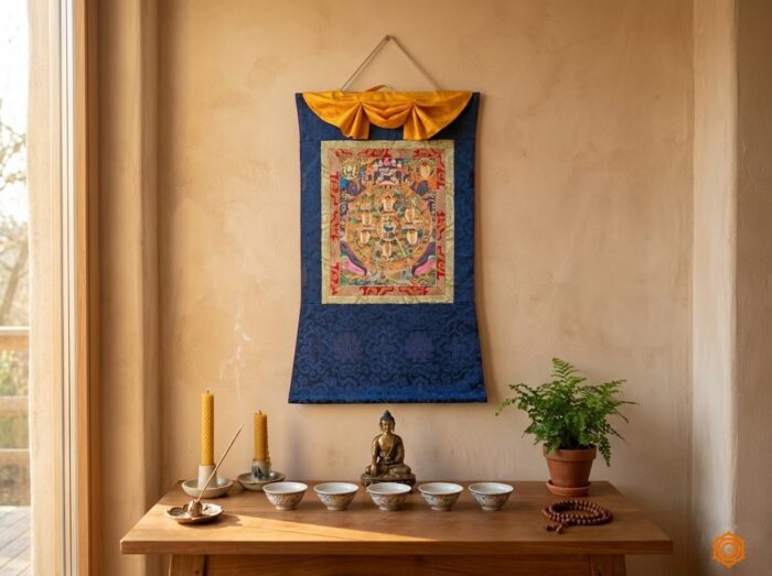 Thangka budista Bhavachakra Roda da Vida com Budas Iluminados