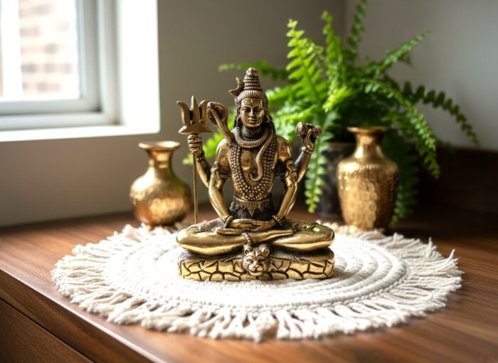 Estátua do Deus Shiva em lótus com tridente removível Fine Art em brass 15m