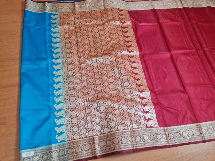Saree Banarasi Art Silk Azul Turquesa e Marsala Real