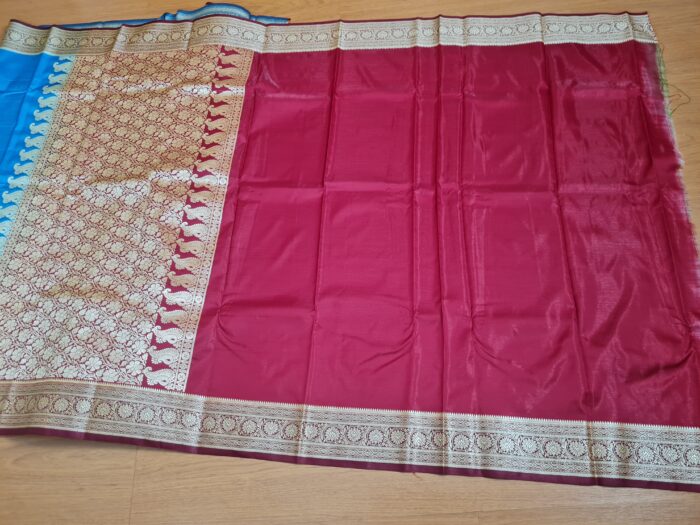 Saree Banarasi Art Silk Azul Turquesa e Marsala Real