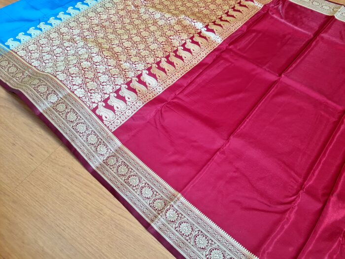 Saree Banarasi Art Silk Azul Turquesa e Marsala Real