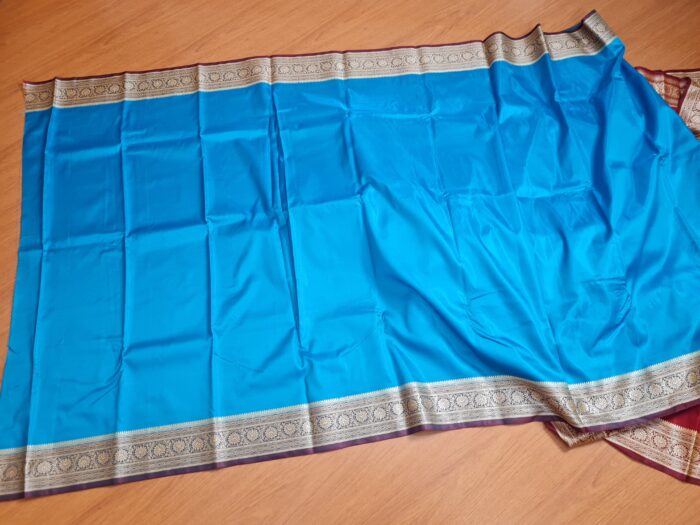 Saree Banarasi Art Silk Azul Turquesa e Marsala Real