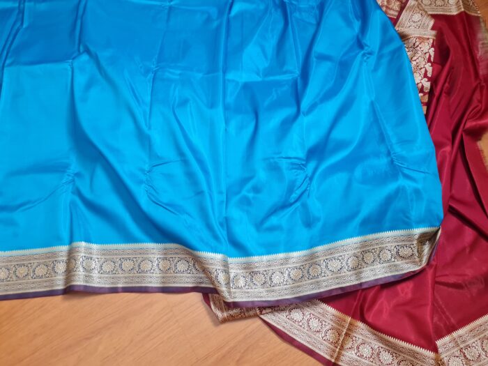 Saree Banarasi Art Silk Azul Turquesa e Marsala Real