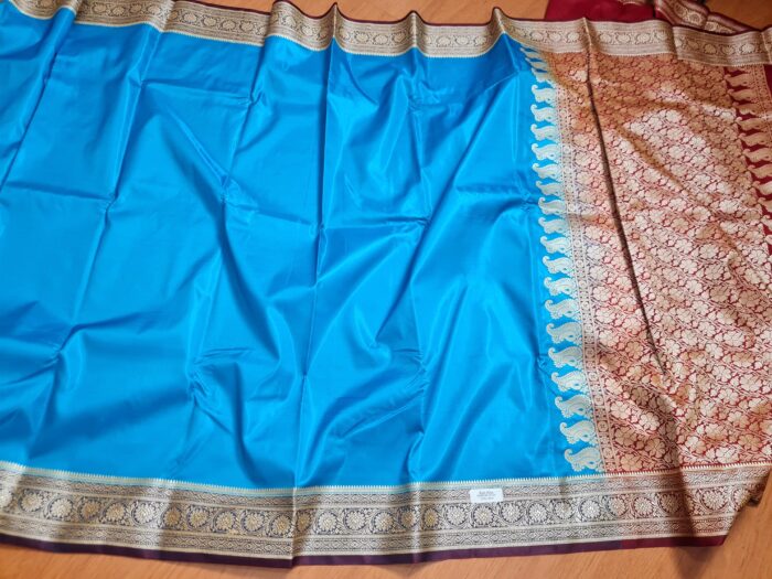 Saree Banarasi Art Silk Azul Turquesa e Marsala Real