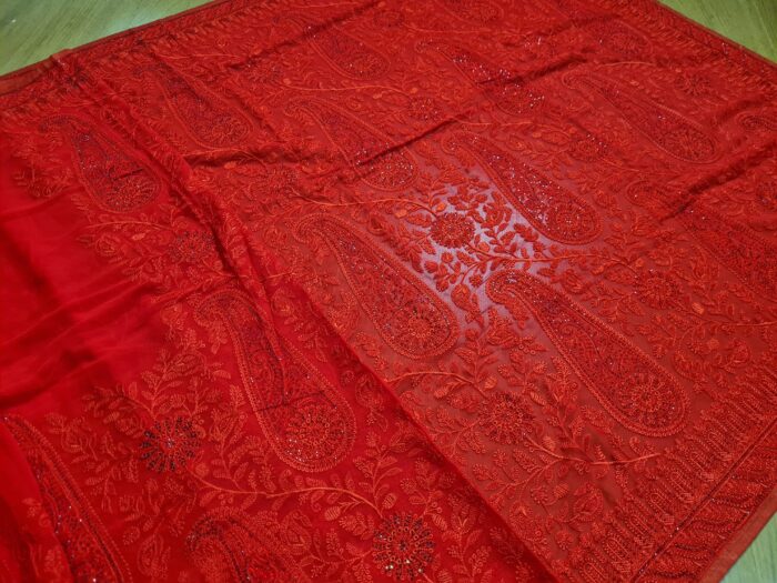 Saree Nupcial Luxo em Georgette Chikankari de Lucknow