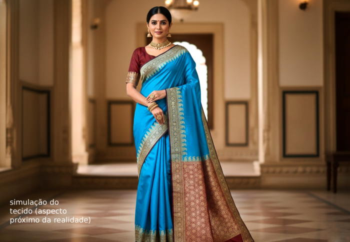 Saree Banarasi Art Silk Azul Turquesa e Marsala Real