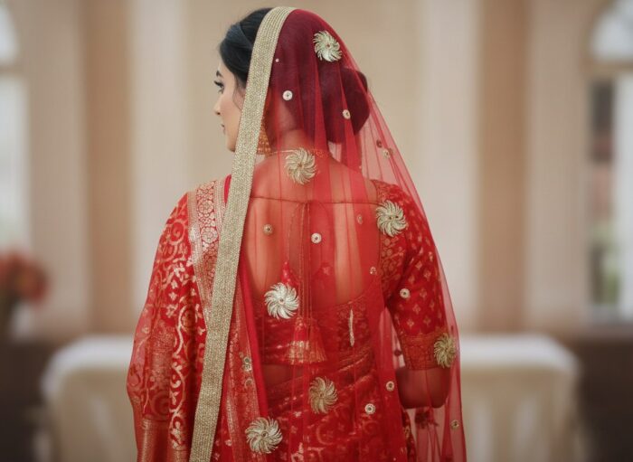 Dupatta vermelha e dourada de noiva com bordados dourados e pedras