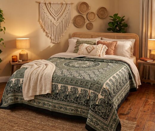 Colcha indiana ou painel decorativo Mandala Paisley preto bege e verde 2,40m