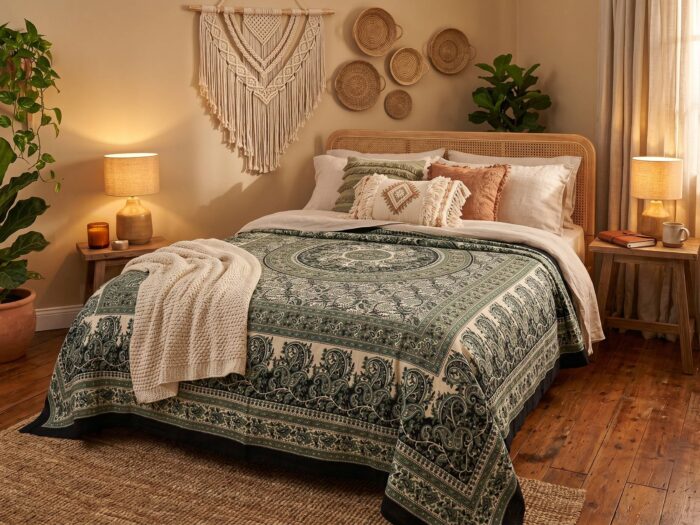 pano de algodao indiano de mandala verde e creme usado na decoração da cama de casal. Quarto Boho Chic zen Colcha indiana ou painel decorativo Mandala Paisley preto bege e verde 2,40m