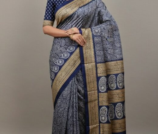 saree-azulmarinho-ocre-paisley Saree indiano de tecido misto viscose e seda marinho e dourado