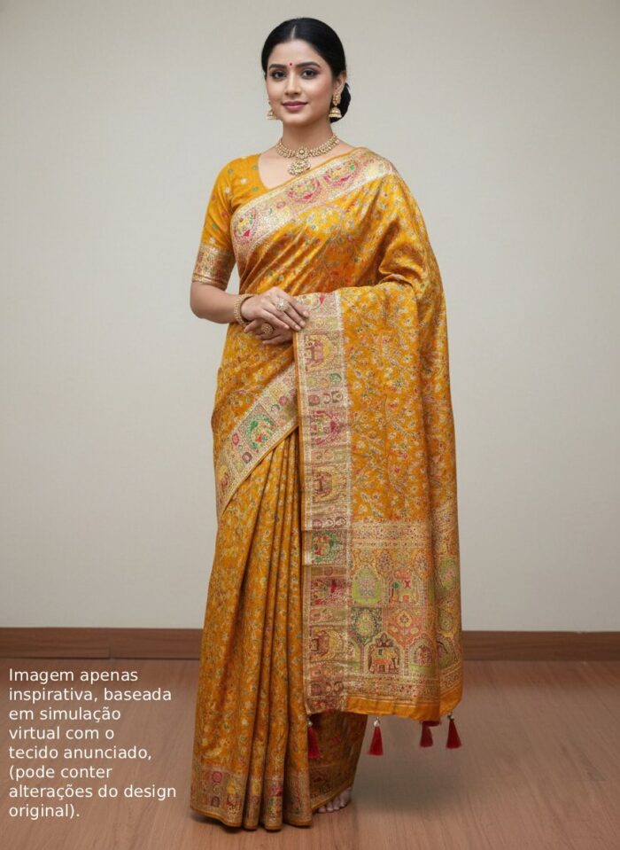 saree-laranja-mostarda-luxuoso-brilho-seda saree mostarda luxuoso estilo Banarasi