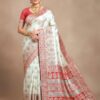 vestido saree luxuoso estilo Banarasi para noivas em branco, perolado, vermelho e verde - Modelo Sweta Amritá
