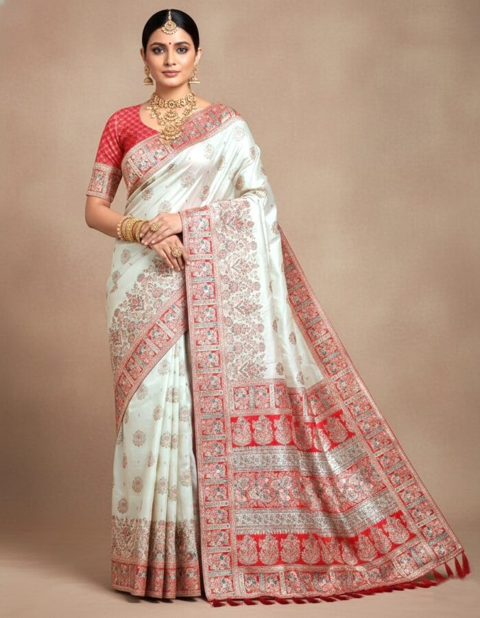 vestido saree luxuoso estilo Banarasi para noivas em branco, perolado, vermelho e verde - Modelo Sweta Amritá