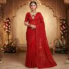 O Esplendor do Vermelho: Saree Nupcial em Georgette Chikankari de Lucknow