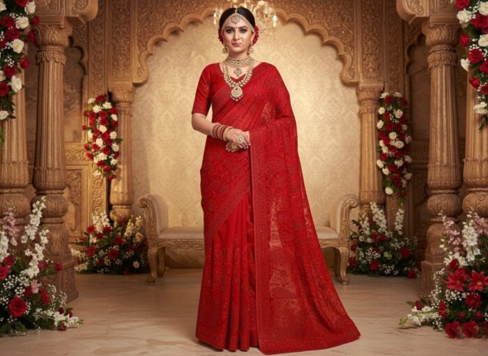 O Esplendor do Vermelho: Saree Nupcial em Georgette Chikankari de Lucknow