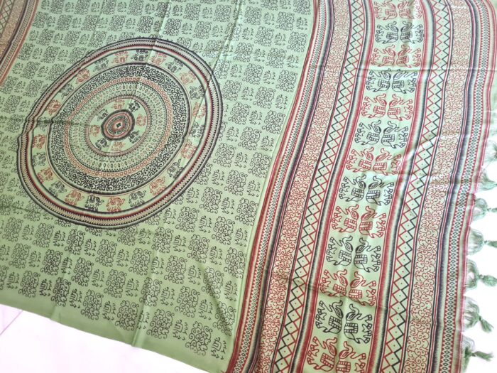 Chadar indiano (manto de oração) de elefantes e mandala verde