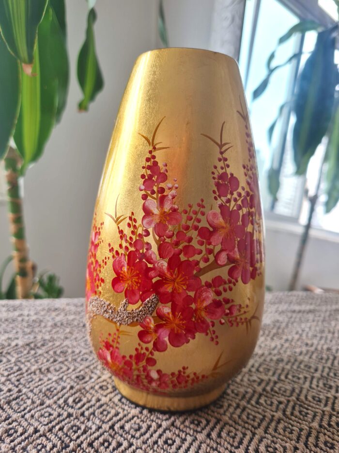 Vaso indiano Cerejeira Laca com Folhas de Ouro e Relevo 3D
