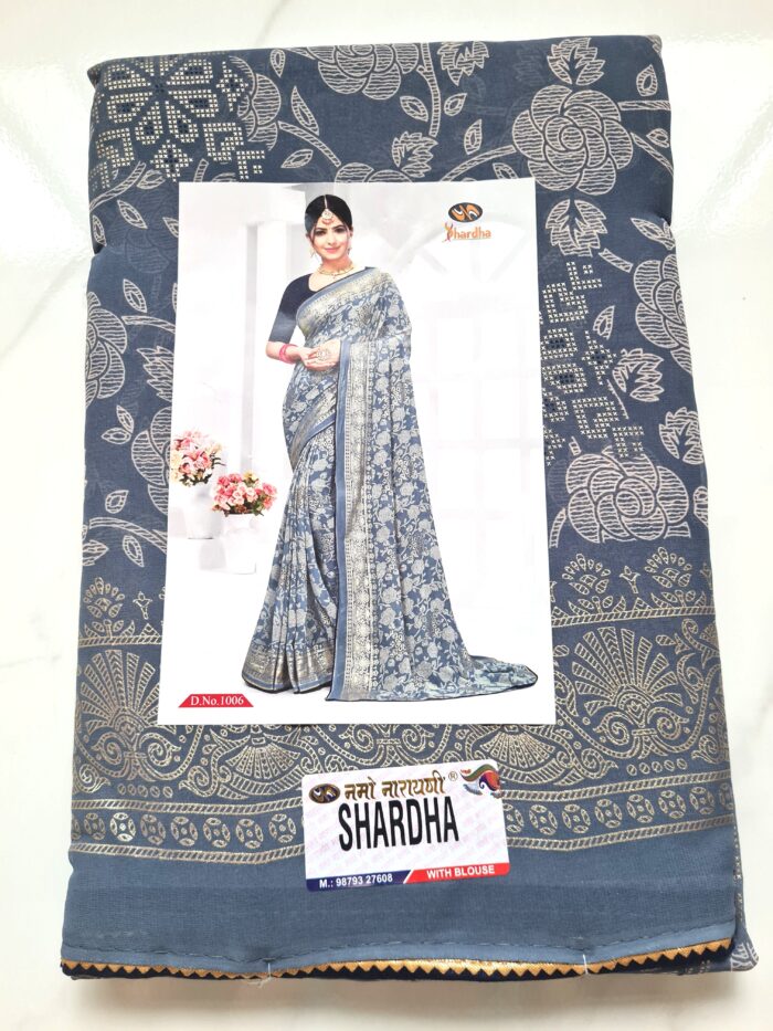 Saree indiano estamparia floral com arabescos em cinza e dourado