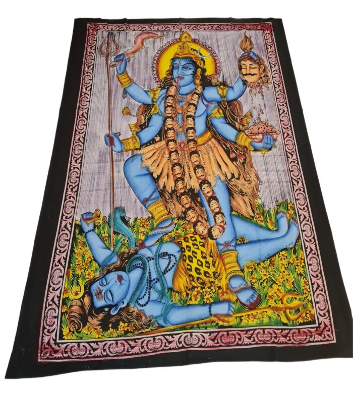 colcha de Kali (deusa) solteiro, tamanho grande para cama solteiro ou parede Colcha indiana ou painel de algodão estampa de Kali e Shiva color