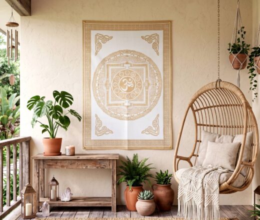 panô decorativo de yantra com chakras e Om na mandala para decorar branco e dourado, feito na Índia