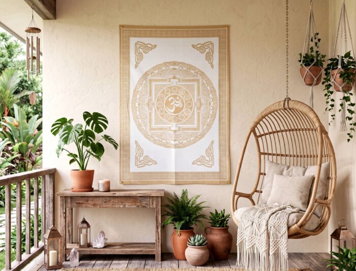 panô decorativo de yantra com chakras e Om na mandala para decorar branco e dourado, feito na Índia