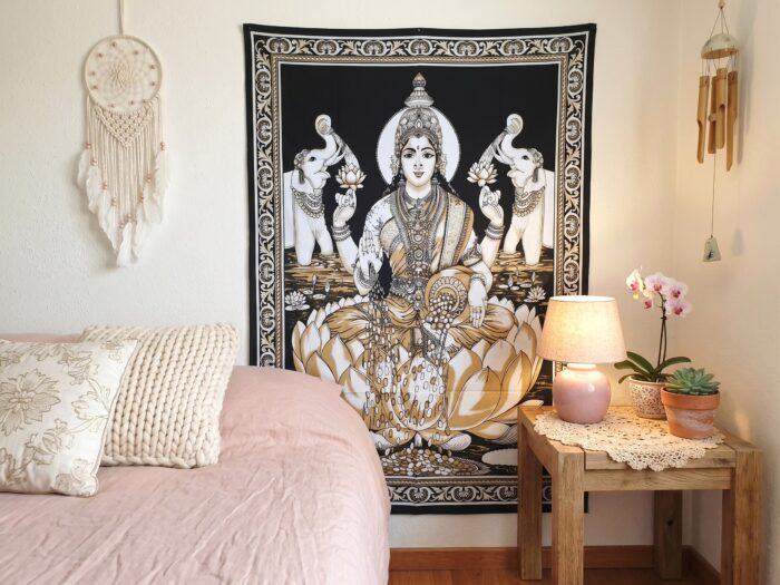 pano de laskhmi dourado e preto Panô indiano decorativo Coleção Gold Mix da Deusa Lakshmi 100cm