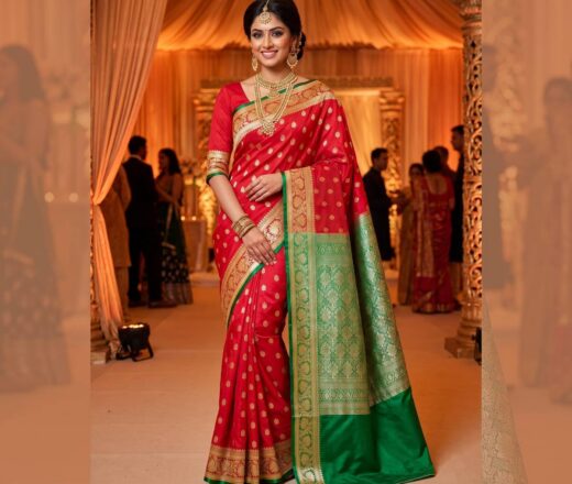 saree banarasi verde e vermelho com dourado Saree Banarasi Art Silk de seda modelo Gold Nandini vermelho e verde