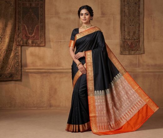 saree preto com laranja e dourado Saree Banarasi Art Silk de seda modelo Gold Shyama
