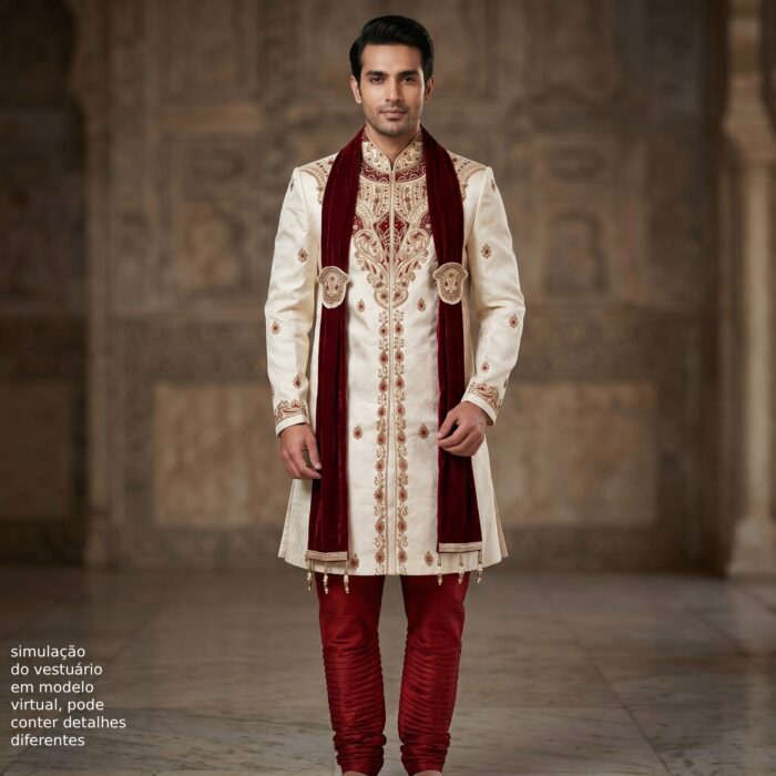 sherwani masculino de casamento luxuoso para noivo Sherwani luxuoso creme e bordô para casamento