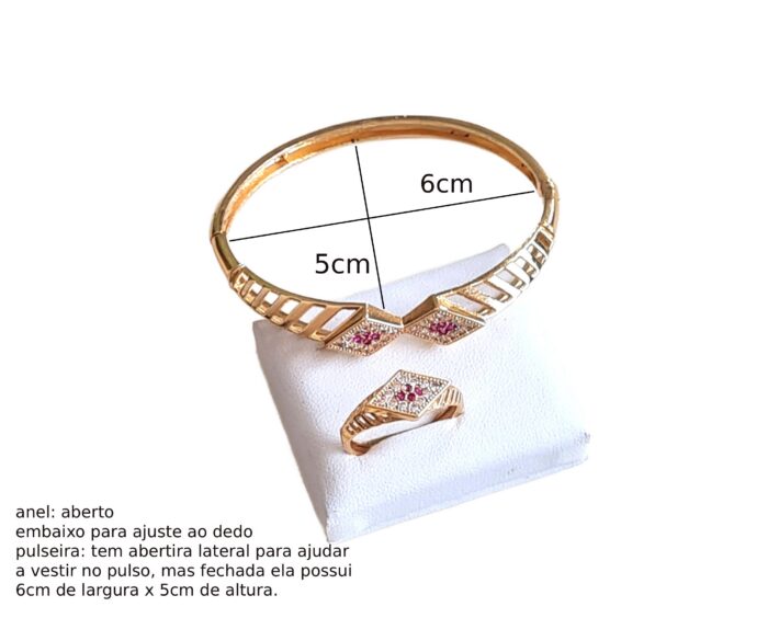 Conjunto de pulseira e anel indiano com pedrinhas de strass e vermelho rubi