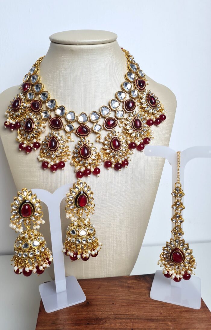 Conjunto completo de semi joia indiana para festas Lakshmi Red Gold