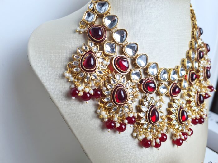 Conjunto completo de semi joia indiana para festas Lakshmi Red Gold