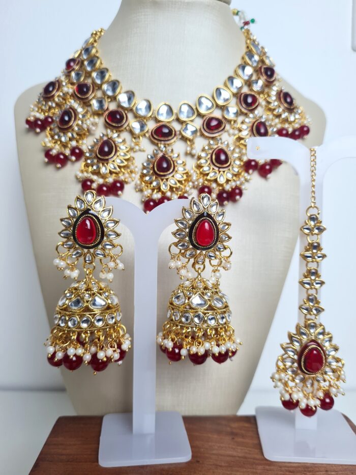 Conjunto completo de semi joia indiana para festas Lakshmi Red Gold