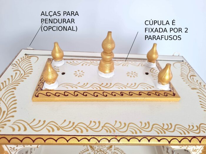 Mandir Templo Hindu Artesanal Off-White e Dourado com Iluminação Om