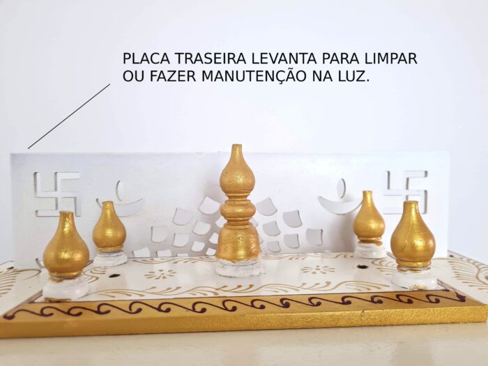 Mandir Templo Hindu Artesanal Off-White e Dourado com Iluminação Om