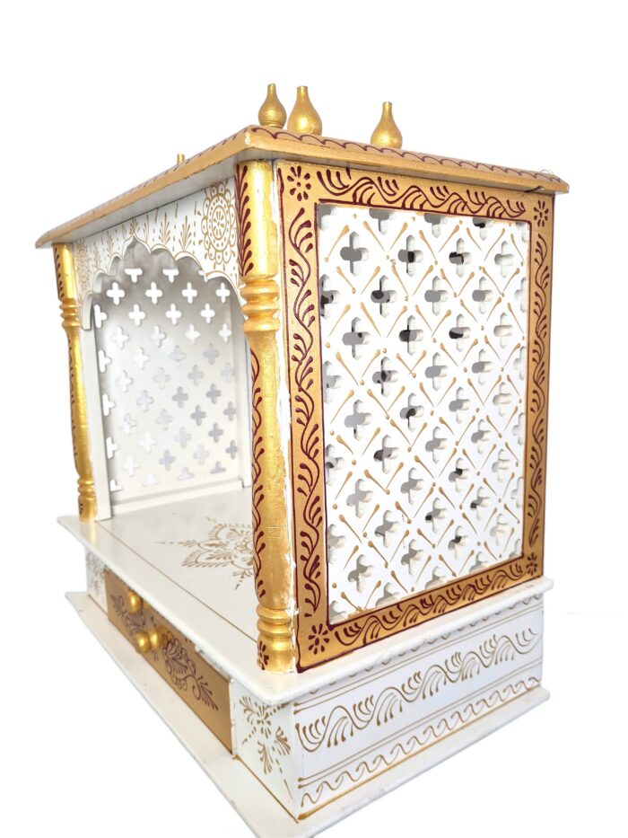 Mandir Templo Hindu Artesanal Off-White e Dourado com Iluminação Om